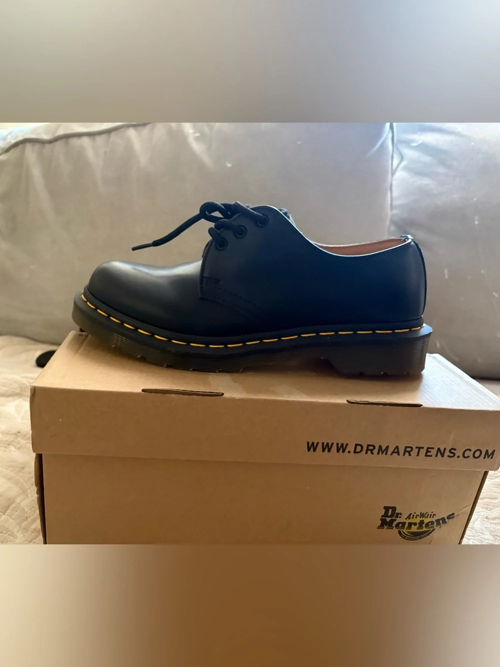Dr. Martens Black Leather 3-Eye Derby with Yellow Stitching